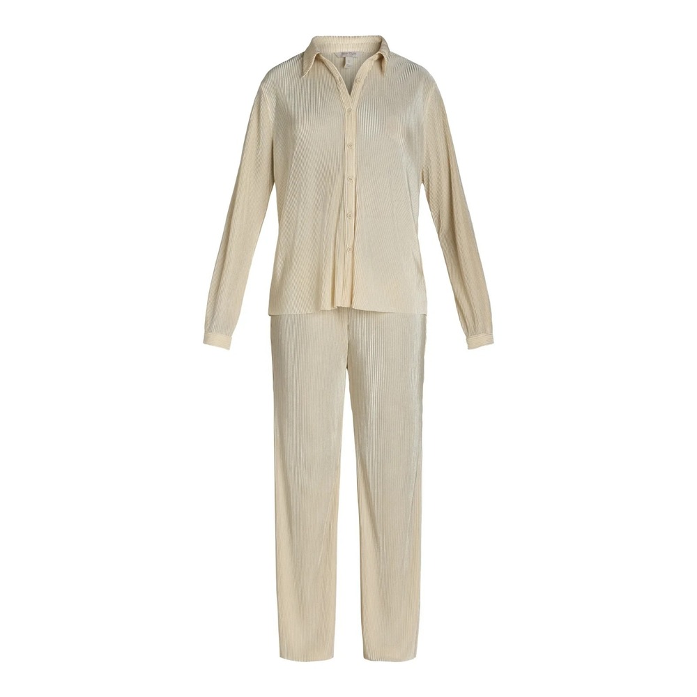 Nine.Eight Womens 2-Piece Shirt Pants Set Size L Cream Plisse Pleat Wide Leg